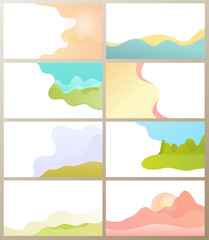 Abstract representation of horizon vector, set of blurry clear sky with clouds, lawn and green grass. Mountain with greenery and bushes in distance