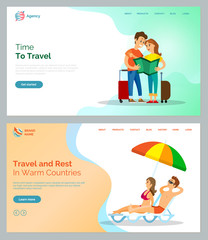 Time to travel vector, people holding map standing with baggages. Man and woman relaxing by seaside in warm countries, couple laying in sun. Website or webpage template, landing page flat style