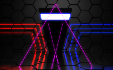 3d abstract neon room. alien reactor. spaceship. datacenter concept. 3d illustration