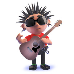 Cartoon rotten 3d punk rocker character playing an acoustic guitar