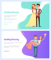 Wedding planning man and woman with bouquet of flowers, in evening dresses, just married cartoon characters. Vector bride and groom engagement. Website or webpage template, landing page flat style