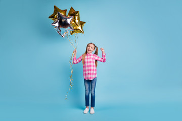Full length body size photo beautiful she her little hands arms golden silver balloons star shape...