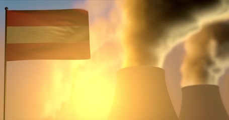 Austria flag wave on smoking factory pipes background on sunset - pollution, global warming concept, UHD 4k 3d animation - Powered by Adobe