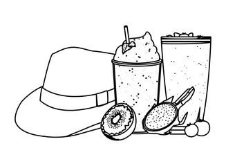 summer beach and vacation cartoon in black and white