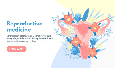 Web template with female reproductive system in flowers. Landing page. Woman health. Advertising for women's pads, lactobacillus, department of obstetrics and gynecology. Medical banner. Vector, eps10