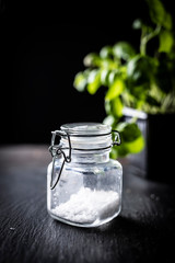 Salt. A jar of kitchen salt. sea salt