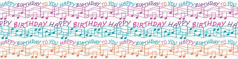 Colorful musical birthday congratulations border with text and musical notes. Seamless vector pattern in purple, blue, orange, on white terrazzo background. Perfect for gifts, stationery, party, kids