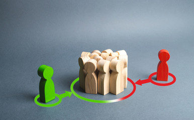 red and green figures of people influence the crowd. Pressure, influence on public opinion,...