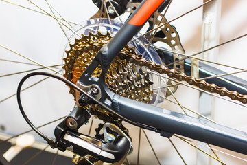 Close up bike chainrings and rear sprocket silhouettes