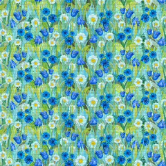 Seamless mosaic pattern of chamomiles, cornflowers, bluebells on the grass.