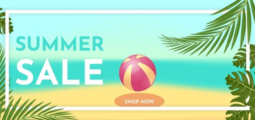 Fototapeta na wymiar Summer sale banner template with tropic leaves. Hot offer concept. Vector illustration.