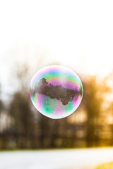 Seifenblase mit Natur im Hintergrund. Soap bubble with blurry background.