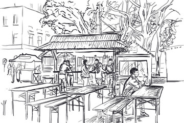 City sketch of a pedestrian street with stalls and people on an isolated background