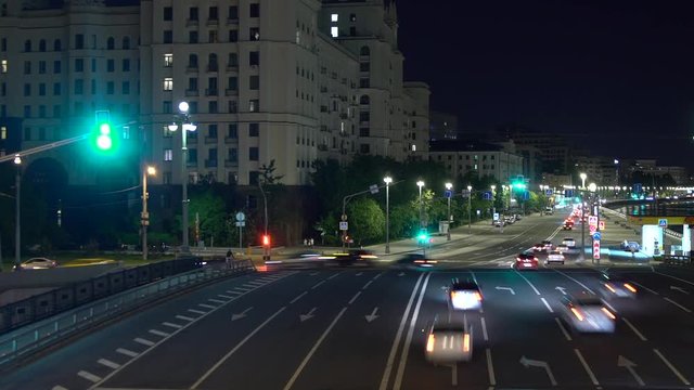 Cars travel around the city at night. Timelapse in the Center of Moscow. Night. Summer.