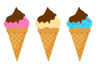 Set of ice creams cone with chocolate. Vector illustration