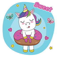 Cute unicorn inside a donut. Birthday card © sonia