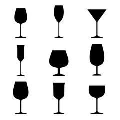 Set of glasses for different alcohol drinks. Black silhouettes. Vector illustration