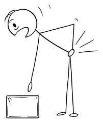 Vector cartoon stick figure drawing conceptual illustration of man who injured his back while lifting up or carry the box. Backache or back pain concept.