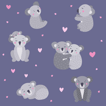 Seamless pattern with cute koala bears. Animal vector background. Lovely koala family theme for kids
