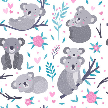 Seamless koala pattern. Cute vector background with koala bears and floral elements