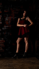 Obraz na płótnie Canvas Pretty young sexy model female with dark hair in amazing long red dress and black shoes posing in dark studio