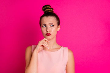 Close-up portrait of her she nice-looking charming attractive lovely gorgeous sad red girl making choice touching chin isolated on bright vivid shine pink fuchsia background