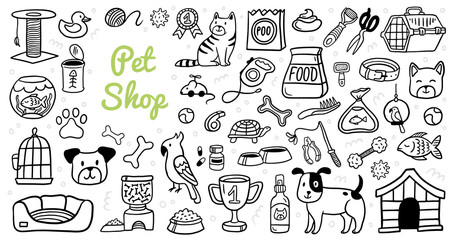 Cute pets stuff and supply icons set in doodle style. Vet symbol collection. Cartoon dog, cat, parrot, turtle, fish and care elements like kennel, leash, food, paw, bowl and other