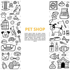 Black and white goods for a pet shop in doodle style. Vet symbol collection with text. Vector illustration with pets and stuff like kennel, leash, food, paw, bowl and other care elements.