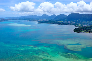 An aerial view of the sunny eastern coast of O'ahu island of Hawaii, USA.