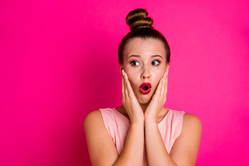 Close-up portrait of her she nice-looking charming attractive winsome lovable lovely curious worried girl opened mouth looking aside isolated over bright vivid shine pink fuchsia background