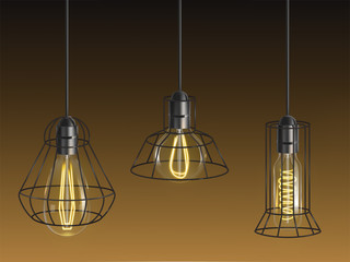 Different shape vintage, incandescent bulbs, retro lamps with heated wire filament and black lattice wire cage hanging from above in holder 3d realistic vector set. Decorative, industrial illumination