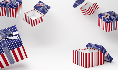 Gift box with flag of the United States of America on studio lighting white background. Design creative concept for independence day sale event. 3D rendering illustration.