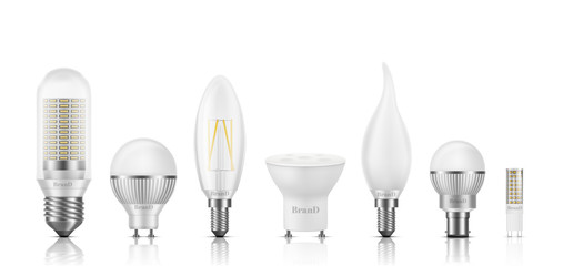 Different shape, size, base and filament types LED bulbs 3d realistic vector set isolated on white. Powerful, high-efficient, long lifespan lamps with matted, transparent glass, heat sink illustration