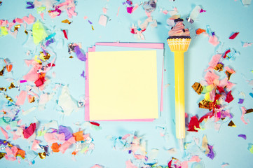 Office table desk with supplies, note pad, pen, glasses, paper