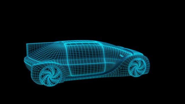 Wireframe rendering of Autonomous electric car driving on highway. Digital Twin concept.  3D rendering animation.