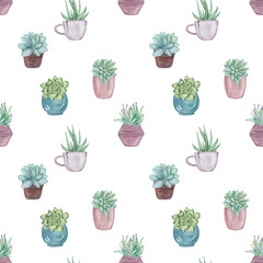 Seamless pattern with Succulents. Watercolor graphic for fabric, postcard, wedding or greeting card, book, poster, tee-shirt, banners, emblems, logo. Illustration, isolated objects.