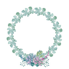 Beautiful watercolor wreath with succulents. Watercolor graphic for fabric, postcard, greeting card, book, poster, tee-shirt, banners, emblems, logo. Illustration, isolated objects.