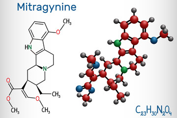 Mitragynine molecule. It is the herbal alkaloid with opiate-like properties produced by plant Mitragyna speciosa Korth, kratom. Structural chemical formula and molecule model