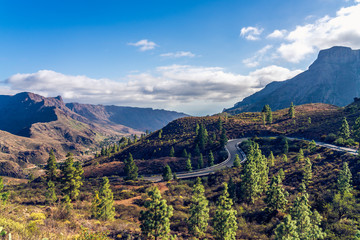 Beautifully lit dusty road horizon with monumental canyon mountains. Canary Islands.