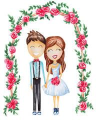 Just married couple. Watercolor illustration of bride and groom in sneakers on white background with ceremonial arch with roses
