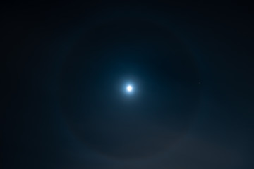 Round halo surrounding moon at night