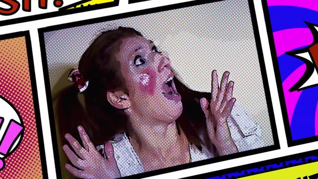 Inside a panel of a comic book page layout: a scared woman dressed up like a little girl, screaming and running away from a danger we don't see. Funny comedic shot.