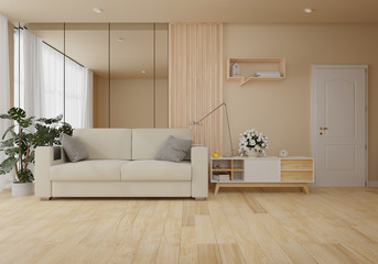 Interior mock up with velvet sofa in living room with white wall. 3D rendering.