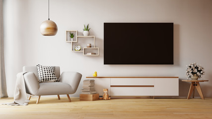 Interior mock up with velvet armchair in living room with white wall. 3D rendering.