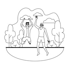Young friends and summer cartoons in black and white