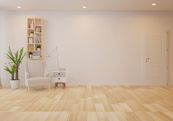 Interior mock up with gray velvet armchair in living room with white wall. 3D rendering.