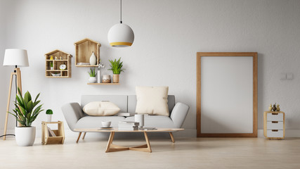 Interior poster mock up living room with colorful white sofa. 3D rendering. 