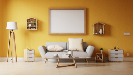 Interior poster mock up living room with colorful white sofa. 3D rendering. 