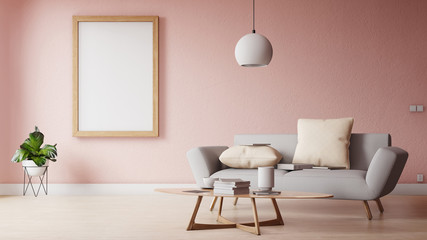 ๑Interior poster mock up living room with colorful white sofa. 3D rendering. 