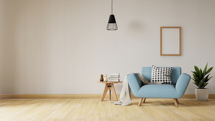 Living Room interior with velvet blue sofa, table on white wall background. 3D rendering.
